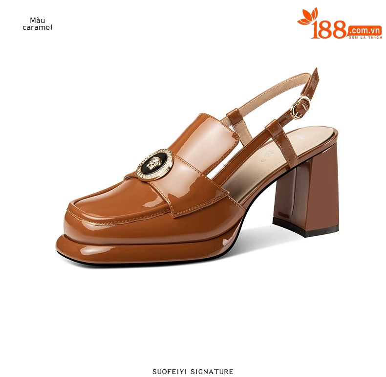 Sandal cao gót nữ hở mũi mũi vuông da bóng gót dày 5-8 cm — Màu Caramel, Màu Đen chi tiết 6
