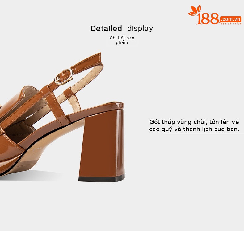 Sandal cao gót nữ hở mũi mũi vuông da bóng gót dày 5-8 cm — Màu Caramel, Màu Đen chi tiết 10