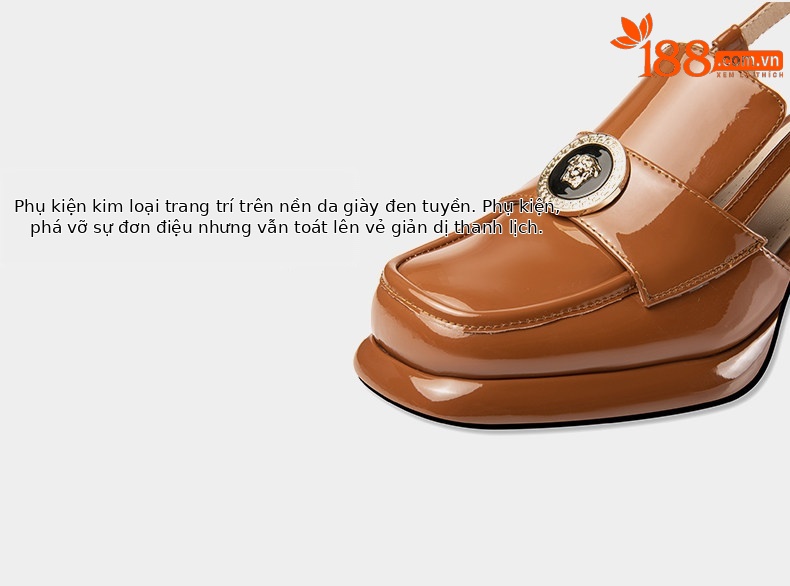 Sandal cao gót nữ hở mũi mũi vuông da bóng gót dày 5-8 cm — Màu Caramel, Màu Đen chi tiết 11