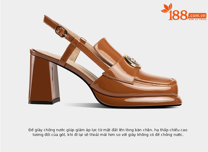 Sandal cao gót nữ hở mũi mũi vuông da bóng gót dày 5-8 cm — Màu Caramel, Màu Đen chi tiết 12