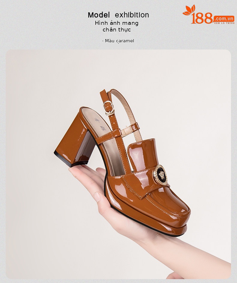 Sandal cao gót nữ hở mũi mũi vuông da bóng gót dày 5-8 cm — Màu Caramel, Màu Đen chi tiết 13