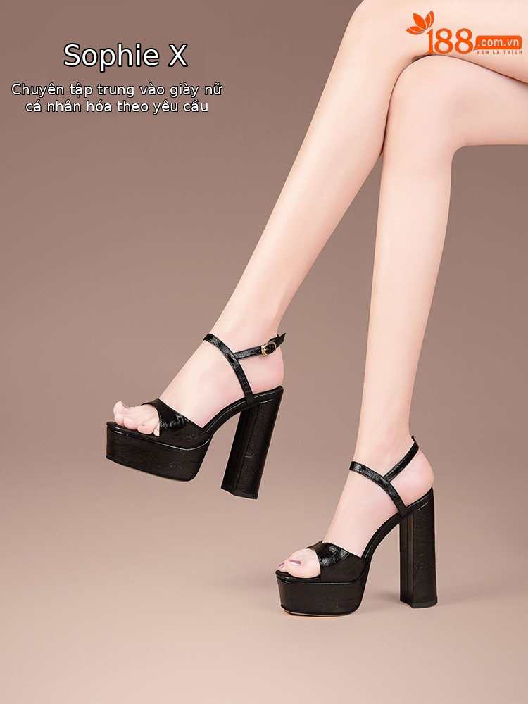 Sandal cao gót nữ quai đơn đế dày mũi hở gót siêu cao 9 cm — Đen, Trắng Ngà