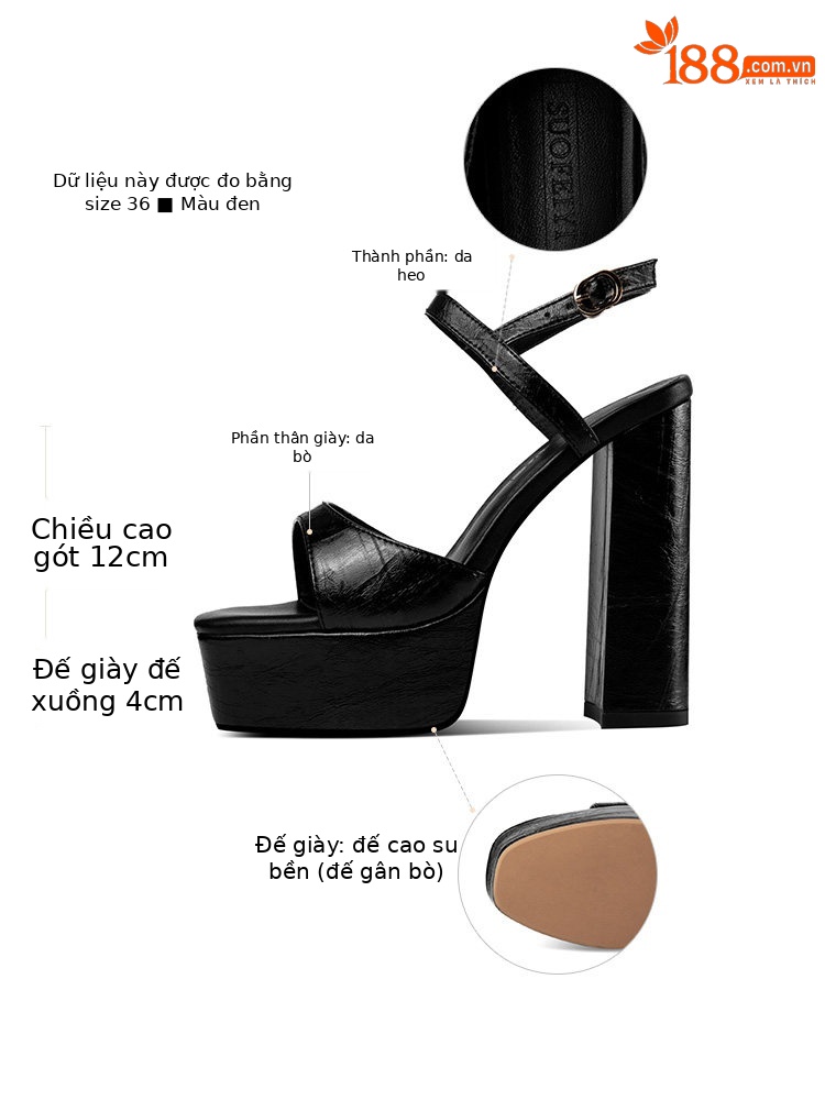 Sandal cao gót nữ quai đơn đế dày mũi hở gót siêu cao 9 cm — Đen, Trắng Ngà