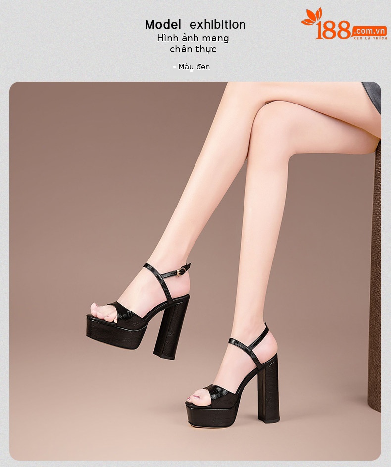 Sandal cao gót nữ quai đơn đế dày mũi hở gót siêu cao 9 cm — Đen, Trắng Ngà chi tiết 13
