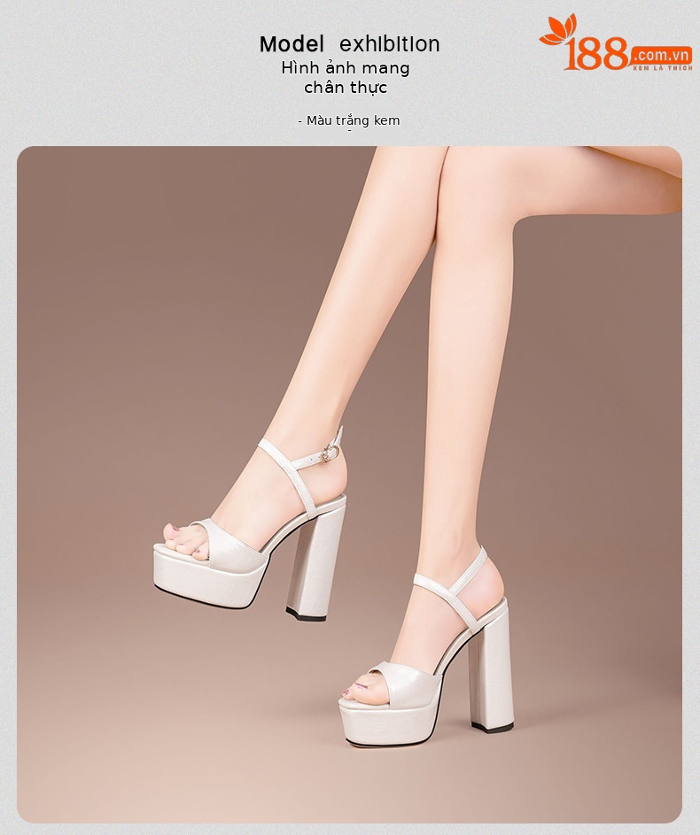 Sandal cao gót nữ quai đơn đế dày mũi hở gót siêu cao 9 cm — Đen, Trắng Ngà chi tiết 17