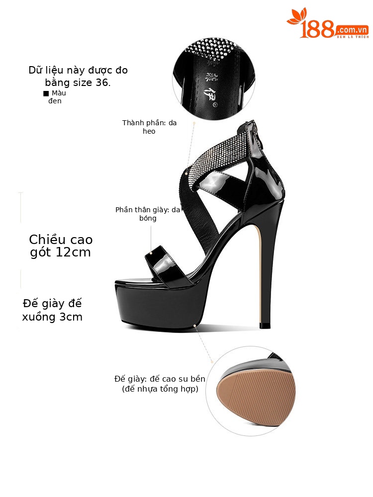 Sandal cao gót nữ hở mũi phong cách Pháp đính đá, gót nhọn 12–15 cm — Đen Cao Gót 12cm, Đỏ Cao Gót 12cm, Đen Cao Gót 13cm, Đỏ Cao Gót 13cm