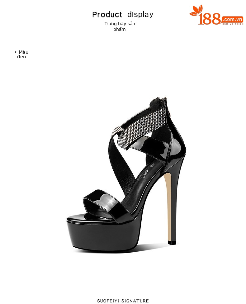 Sandal cao gót nữ hở mũi phong cách Pháp đính đá, gót nhọn 12–15 cm — Đen Cao Gót 12cm, Đỏ Cao Gót 12cm, Đen Cao Gót 13cm, Đỏ Cao Gót 13cm chi tiết 2