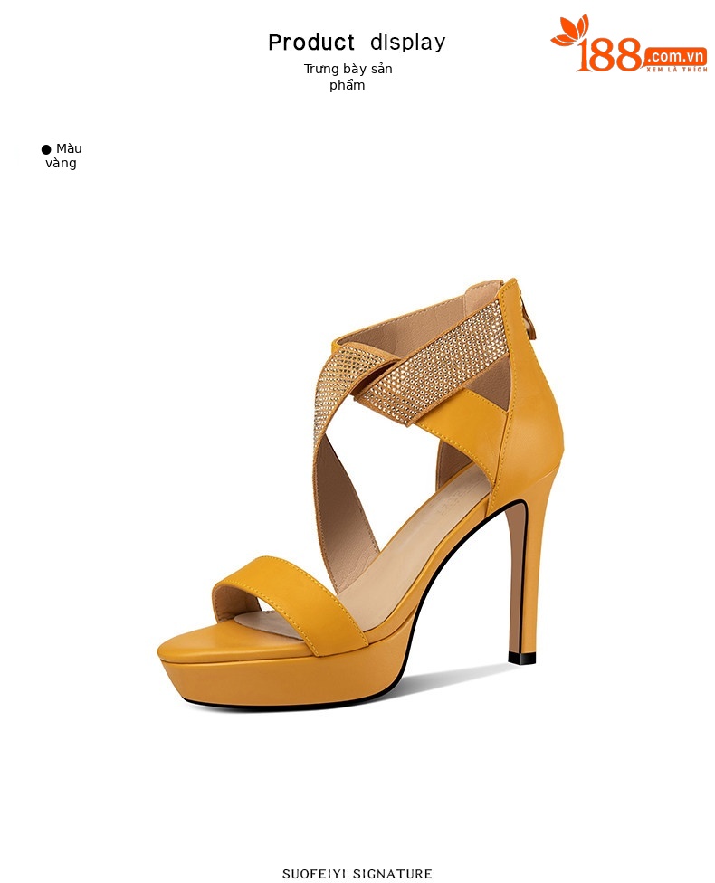 Sandal cao gót nữ hở mũi gót nhọn 9 cm quai mảnh đính đá — Vàng, Xanh da trời chi tiết 2