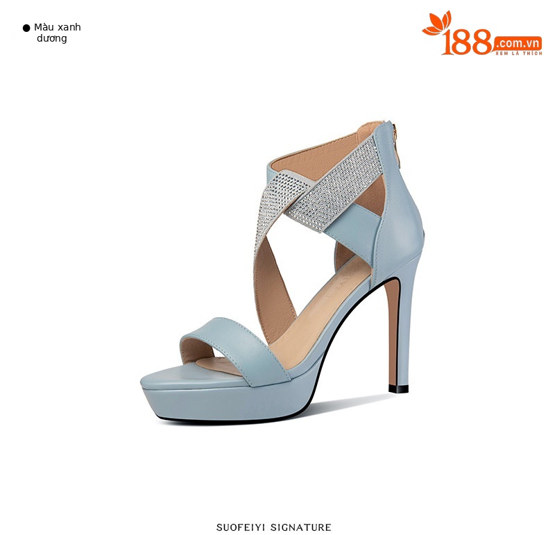 Sandal cao gót nữ hở mũi gót nhọn 9 cm quai mảnh đính đá — Vàng, Xanh da trời chi tiết 6