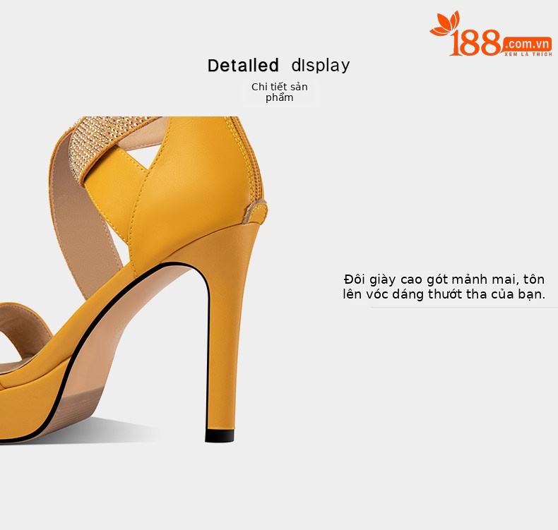 Sandal cao gót nữ hở mũi gót nhọn 9 cm quai mảnh đính đá — Vàng, Xanh da trời chi tiết 10