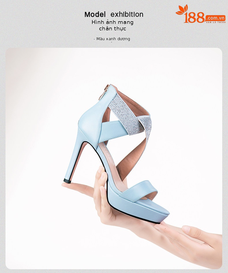 Sandal cao gót nữ hở mũi gót nhọn 9 cm quai mảnh đính đá — Vàng, Xanh da trời chi tiết 15