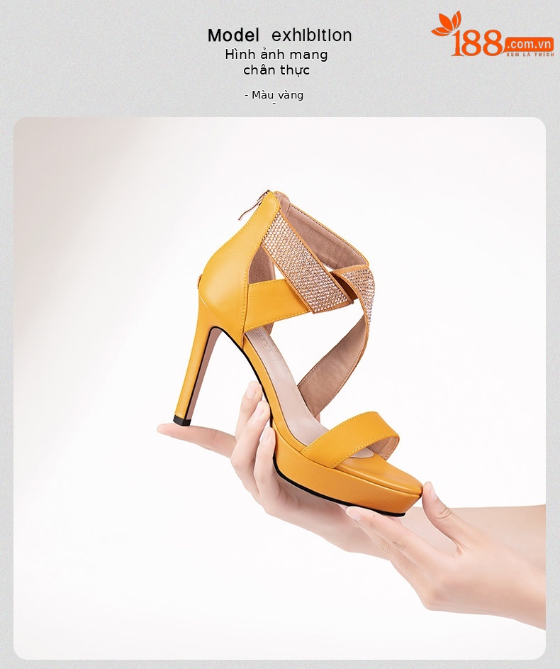 Sandal cao gót nữ hở mũi gót nhọn 9 cm quai mảnh đính đá — Vàng, Xanh da trời chi tiết 19