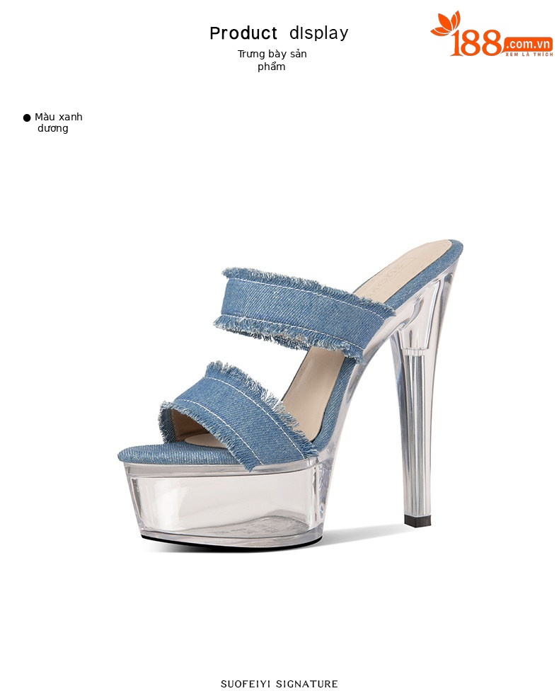 Sandal cao gót nữ mũi nhọn chất denim retro, gót nhọn 12–15 cm — Xanh Cao Gót 12cm, Xanh Cao Gót 15cm chi tiết 2