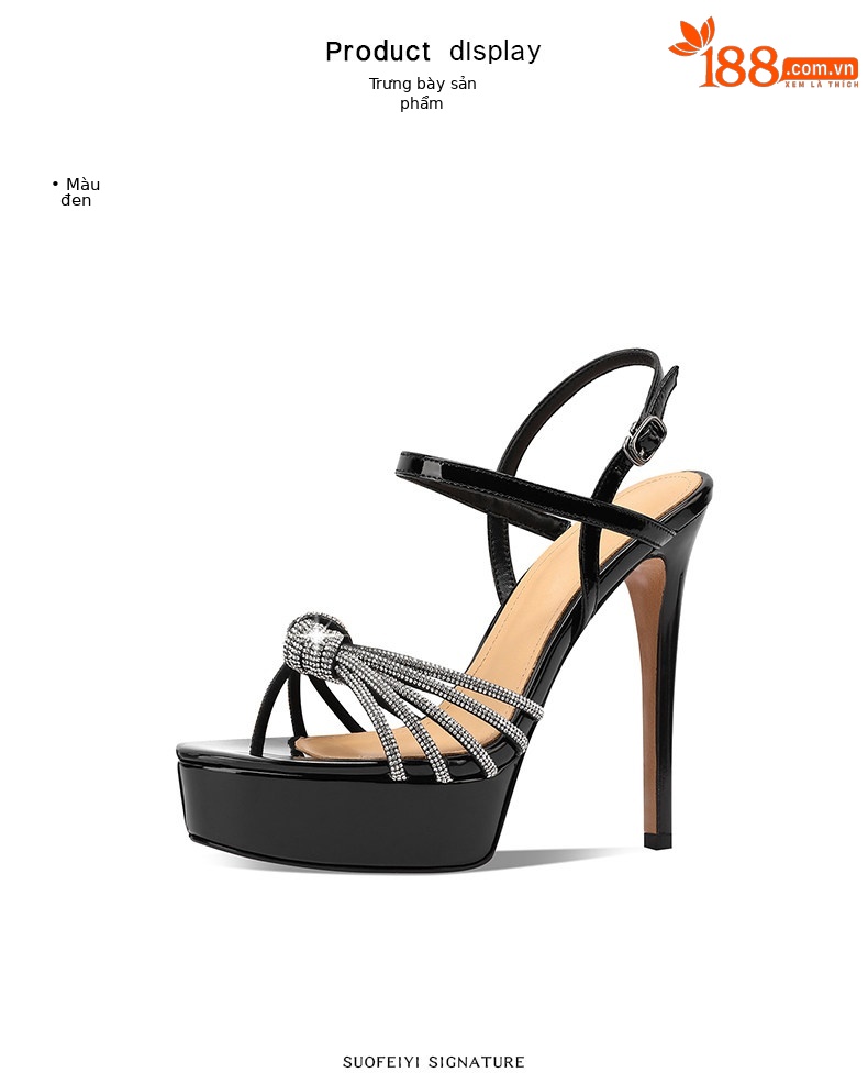 Sandal cao gót nữ hở mũi đính đá pha lê gót nhọn 10–13 cm — Đen Cao gót 10cm, Champagne Cao gót 10cm, Bạc Cao gót 10cm, Đen Cao gót 13cm chi tiết 2