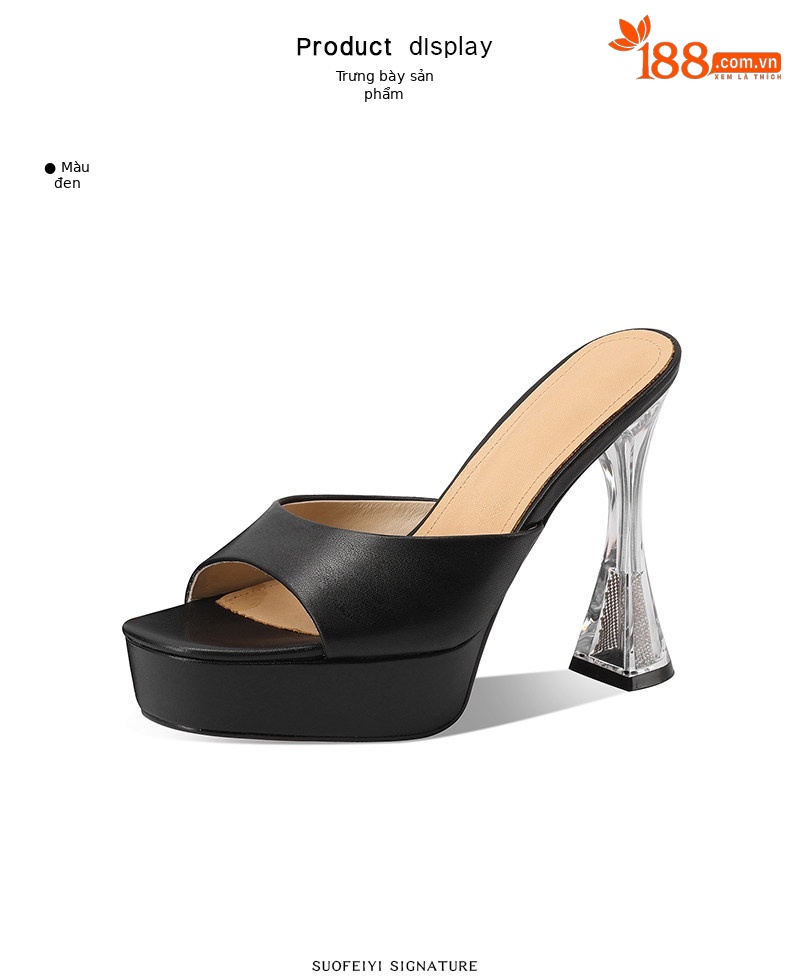 Sandal cao gót nữ hở mũi đế dày platform, gót 9 cm — Đen, Trắng chi tiết 2