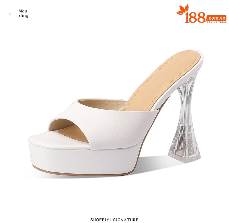 Sandal cao gót nữ hở mũi đế dày platform, gót 9 cm — Đen, Trắng chi tiết 6