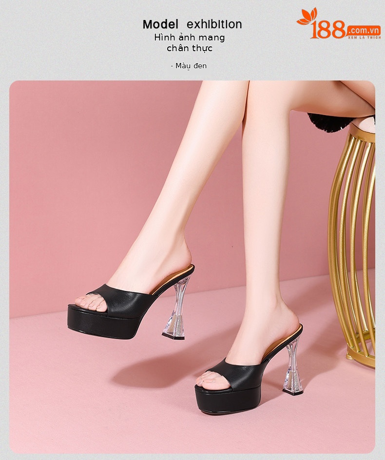 Sandal cao gót nữ hở mũi đế dày platform, gót 9 cm — Đen, Trắng chi tiết 13