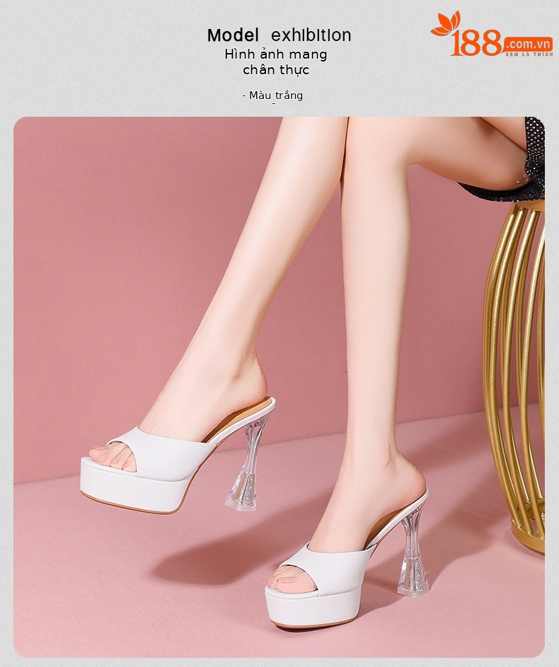 Sandal cao gót nữ hở mũi đế dày platform, gót 9 cm — Đen, Trắng chi tiết 18