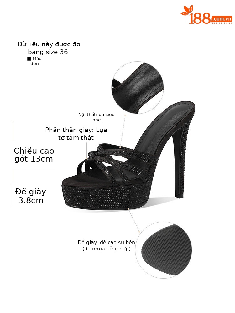 Sandal cao gót nữ hở mũi đính đá pha lê, gót 11–13 cm, đế platform dày — Đen Cao Gót 11cm, Trắng Ngà Cao Gót 11cm, Màu Champagne Cao Gót 11cm, Đen Cao Gót 13cm