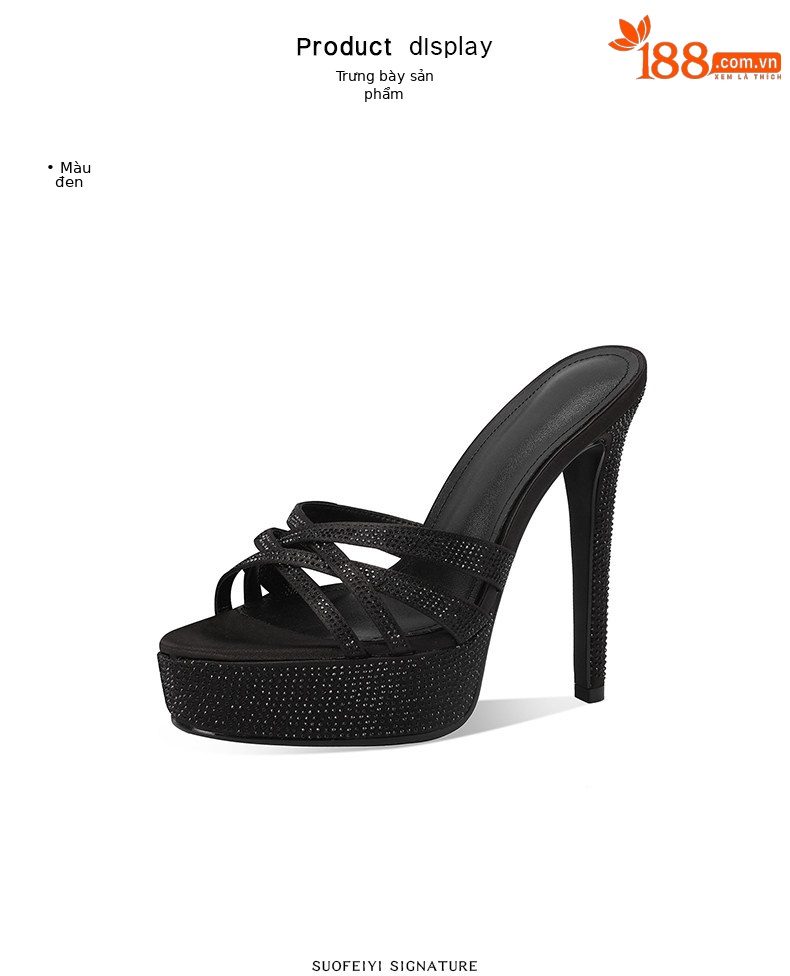 Sandal cao gót nữ hở mũi đính đá pha lê, gót 11–13 cm, đế platform dày — Đen Cao Gót 11cm, Trắng Ngà Cao Gót 11cm, Màu Champagne Cao Gót 11cm, Đen Cao Gót 13cm chi tiết 2