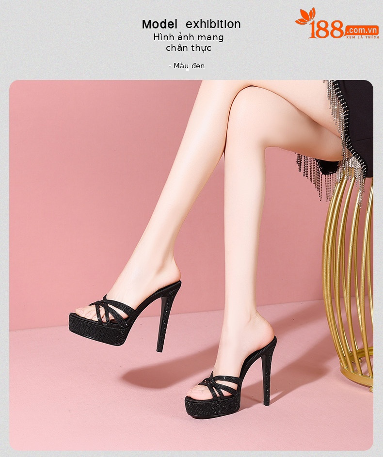 Sandal cao gót nữ hở mũi đính đá pha lê, gót 11–13 cm, đế platform dày — Đen Cao Gót 11cm, Trắng Ngà Cao Gót 11cm, Màu Champagne Cao Gót 11cm, Đen Cao Gót 13cm chi tiết 13