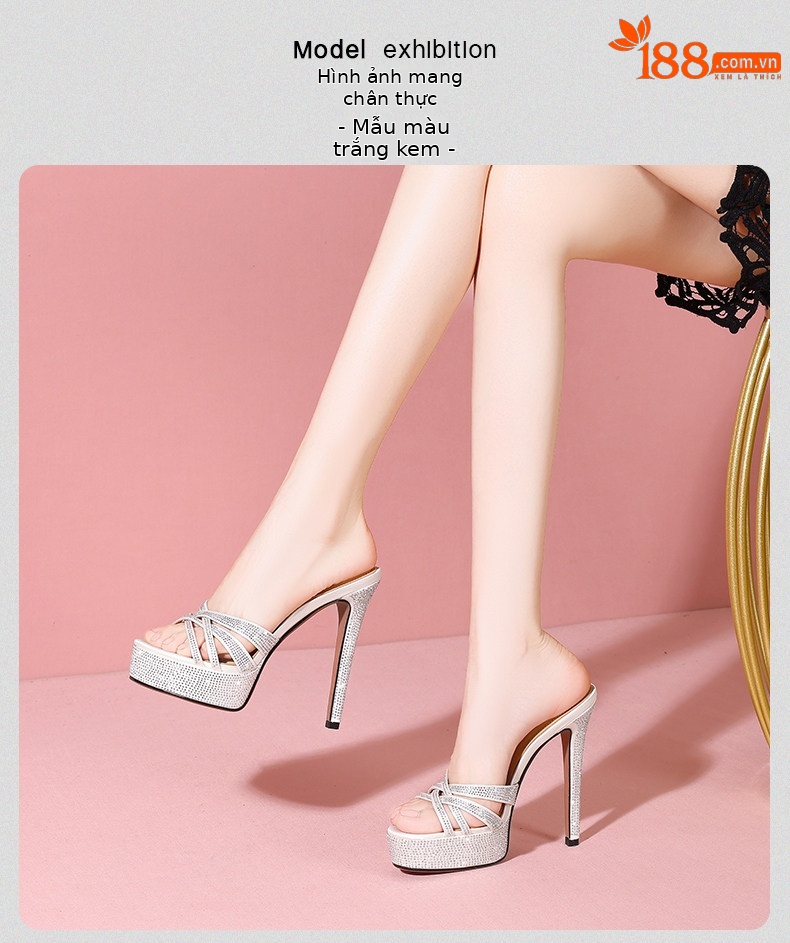 Sandal cao gót nữ hở mũi đính đá pha lê, gót 11–13 cm, đế platform dày — Đen Cao Gót 11cm, Trắng Ngà Cao Gót 11cm, Màu Champagne Cao Gót 11cm, Đen Cao Gót 13cm chi tiết 18