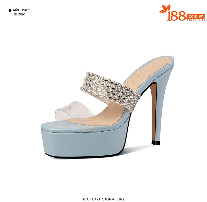 Sandal cao gót nữ mũi nhọn hở mũi quai trong suốt đính đá — Giày Mũi Nhọn Đen 35848-1, Giày Mũi Nhọn Xanh 35848-1, Giày Gót Thô Đen 35648-1, Giày Gót Thô Xanh 35648-1 chi tiết 6