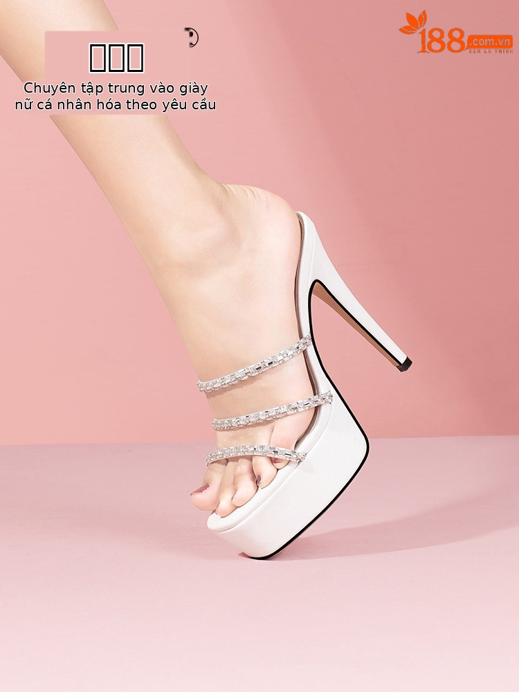 Sandal cao gót nữ hở mũi đính đá quai mảnh gót nhọn 6-8cm — Giày nhọn đen 35847-1, Giày nhọn trắng 35847-1, Black (Thick Heel) 35647-1, White (Thick Heel) 35647-1