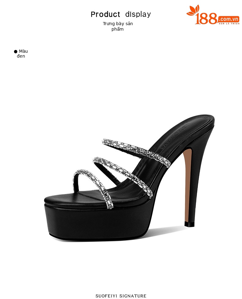 Sandal cao gót nữ hở mũi đính đá quai mảnh gót nhọn 6-8cm — Giày nhọn đen 35847-1, Giày nhọn trắng 35847-1, Black (Thick Heel) 35647-1, White (Thick Heel) 35647-1 chi tiết 2
