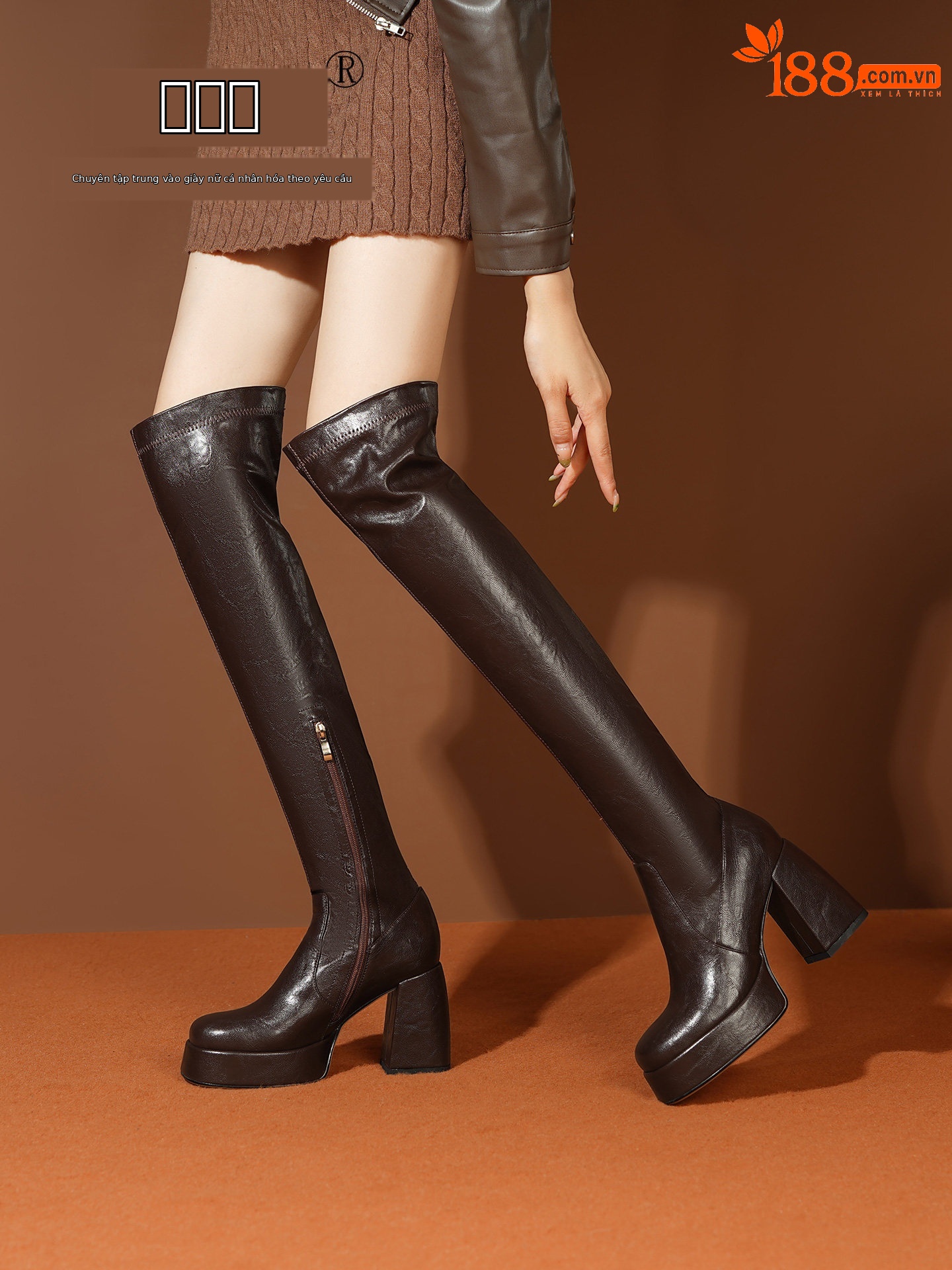Boot nữ cổ cao ôm bắp chân gót cao dày đế tăng chiều cao — Đen, Nâu