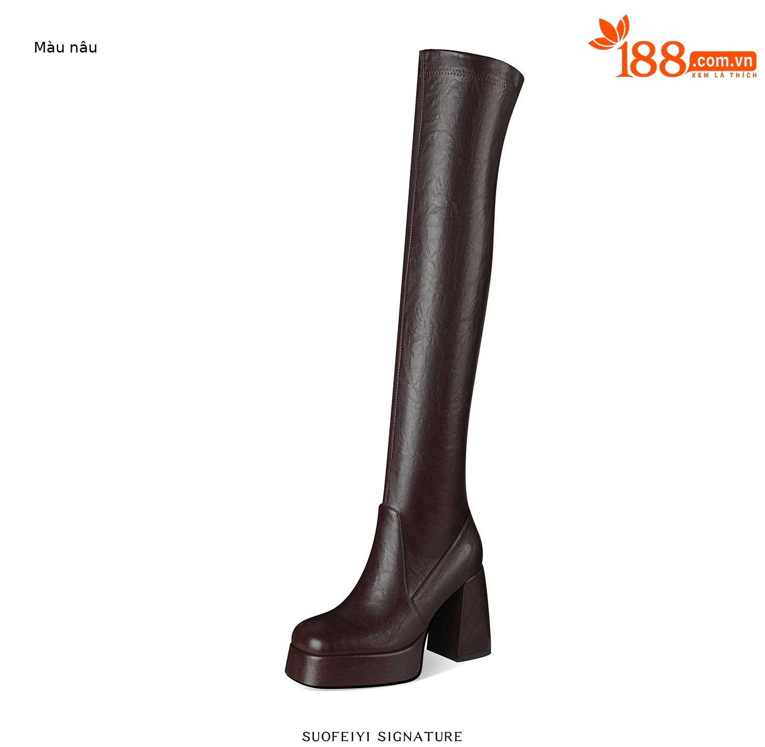 Boot nữ cổ cao ôm bắp chân gót cao dày đế tăng chiều cao — Đen, Nâu chi tiết 6