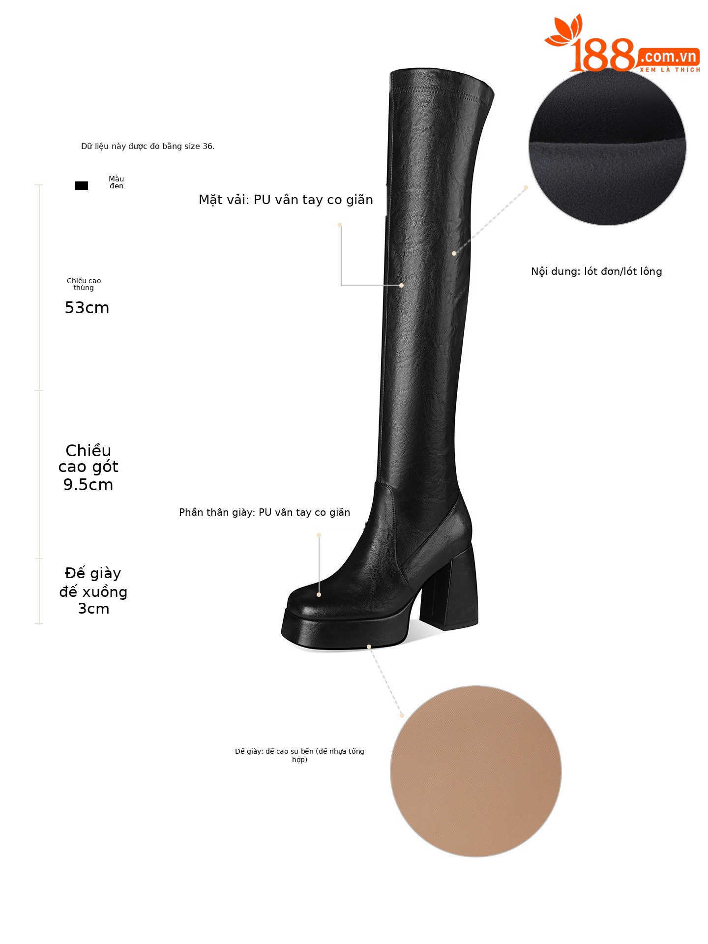 Boot nữ cổ cao ôm bắp chân gót cao dày đế tăng chiều cao — Đen, Nâu