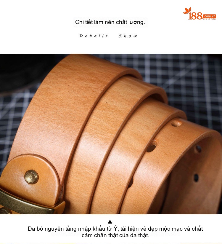 Thắt Lưng Nam Da Bò Mộc Thủ Công Mặt Khóa Đồng Nguyên Chất Phong Cách Cổ Điển Màu Nâu Vàng chi tiết 12