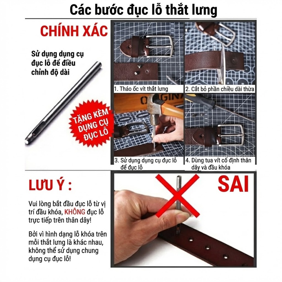 Thắt Lưng Nam Da Bò Nguyên Miếng Mặt Khóa Kim Loại Phong Cách Retro Màu Đen, Nâu, Nâu Đậm chi tiết 2