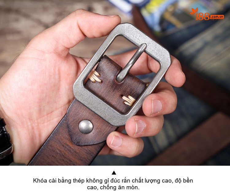 Thắt Lưng Nam Da Bò Nguyên Miếng Mặt Khóa Kim Loại Phong Cách Retro Màu Đen, Nâu, Nâu Đậm chi tiết 5