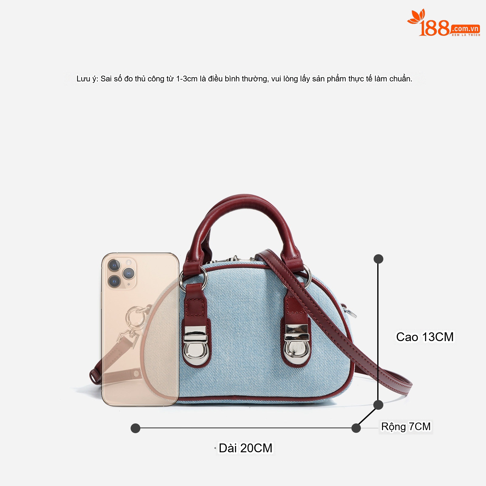 Túi Bánh Mì Nữ Da Bò Phối Vải Denim Khóa Kéo Cổ Điển Đeo Vai, Đeo Chéo Màu Xanh Denim, Đỏ