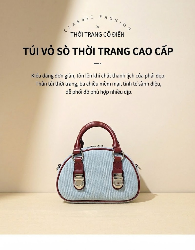 Túi Bánh Mì Nữ Da Bò Phối Vải Denim Khóa Kéo Cổ Điển Đeo Vai, Đeo Chéo Màu Xanh Denim, Đỏ chi tiết 2
