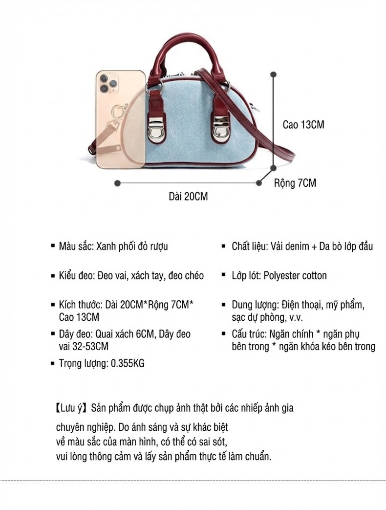 Túi Bánh Mì Nữ Da Bò Phối Vải Denim Khóa Kéo Cổ Điển Đeo Vai, Đeo Chéo Màu Xanh Denim, Đỏ chi tiết 7