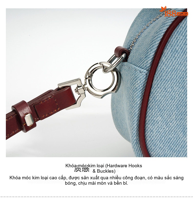 Túi Bánh Mì Nữ Da Bò Phối Vải Denim Khóa Kéo Cổ Điển Đeo Vai, Đeo Chéo Màu Xanh Denim, Đỏ chi tiết 12