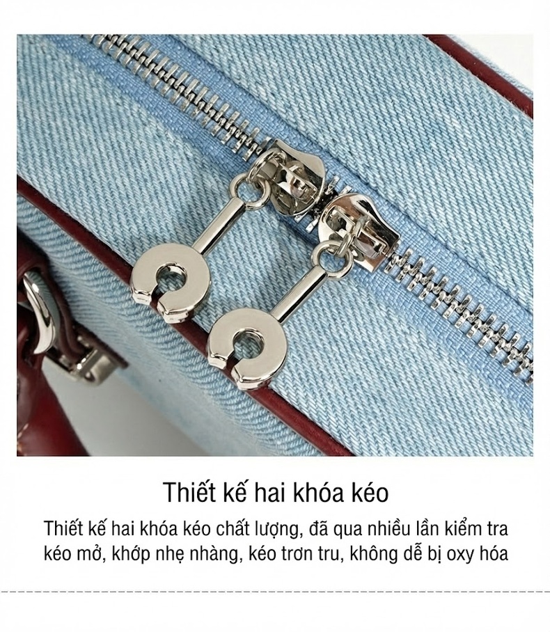 Túi Bánh Mì Nữ Da Bò Phối Vải Denim Khóa Kéo Cổ Điển Đeo Vai, Đeo Chéo Màu Xanh Denim, Đỏ chi tiết 13