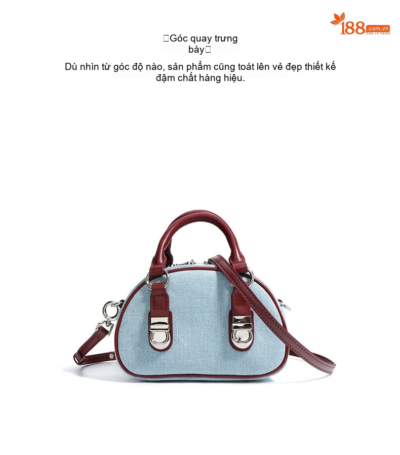 Túi Bánh Mì Nữ Da Bò Phối Vải Denim Khóa Kéo Cổ Điển Đeo Vai, Đeo Chéo Màu Xanh Denim, Đỏ chi tiết 14