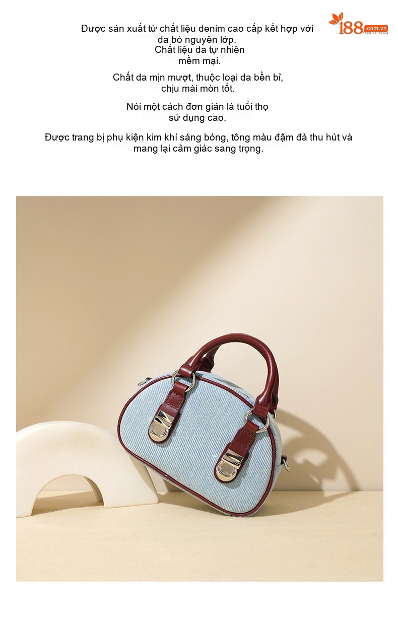 Túi Bánh Mì Nữ Da Bò Phối Vải Denim Khóa Kéo Cổ Điển Đeo Vai, Đeo Chéo Màu Xanh Denim, Đỏ chi tiết 3