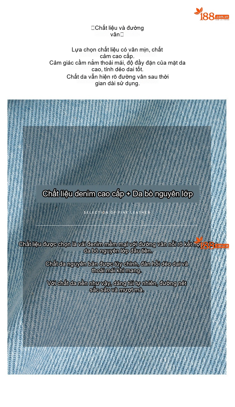 Túi Bánh Mì Nữ Da Bò Phối Vải Denim Khóa Kéo Cổ Điển Đeo Vai, Đeo Chéo Màu Xanh Denim, Đỏ chi tiết 10