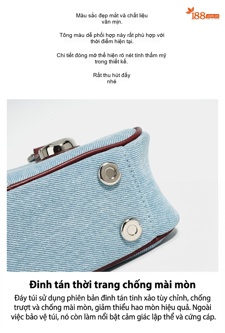 Túi Bánh Mì Nữ Da Bò Phối Vải Denim Khóa Kéo Cổ Điển Đeo Vai, Đeo Chéo Màu Xanh Denim, Đỏ chi tiết 11