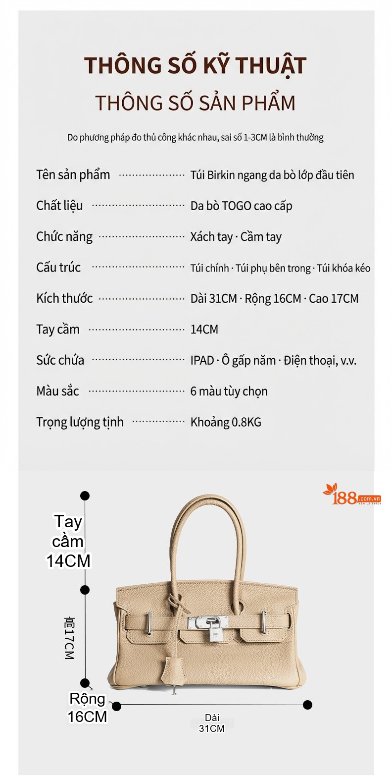 Túi Birkin Nữ Da Bò Dáng Dài Khóa Bạc Cao Cấp Màu Be, Đen, Xanh Dương... chi tiết 3