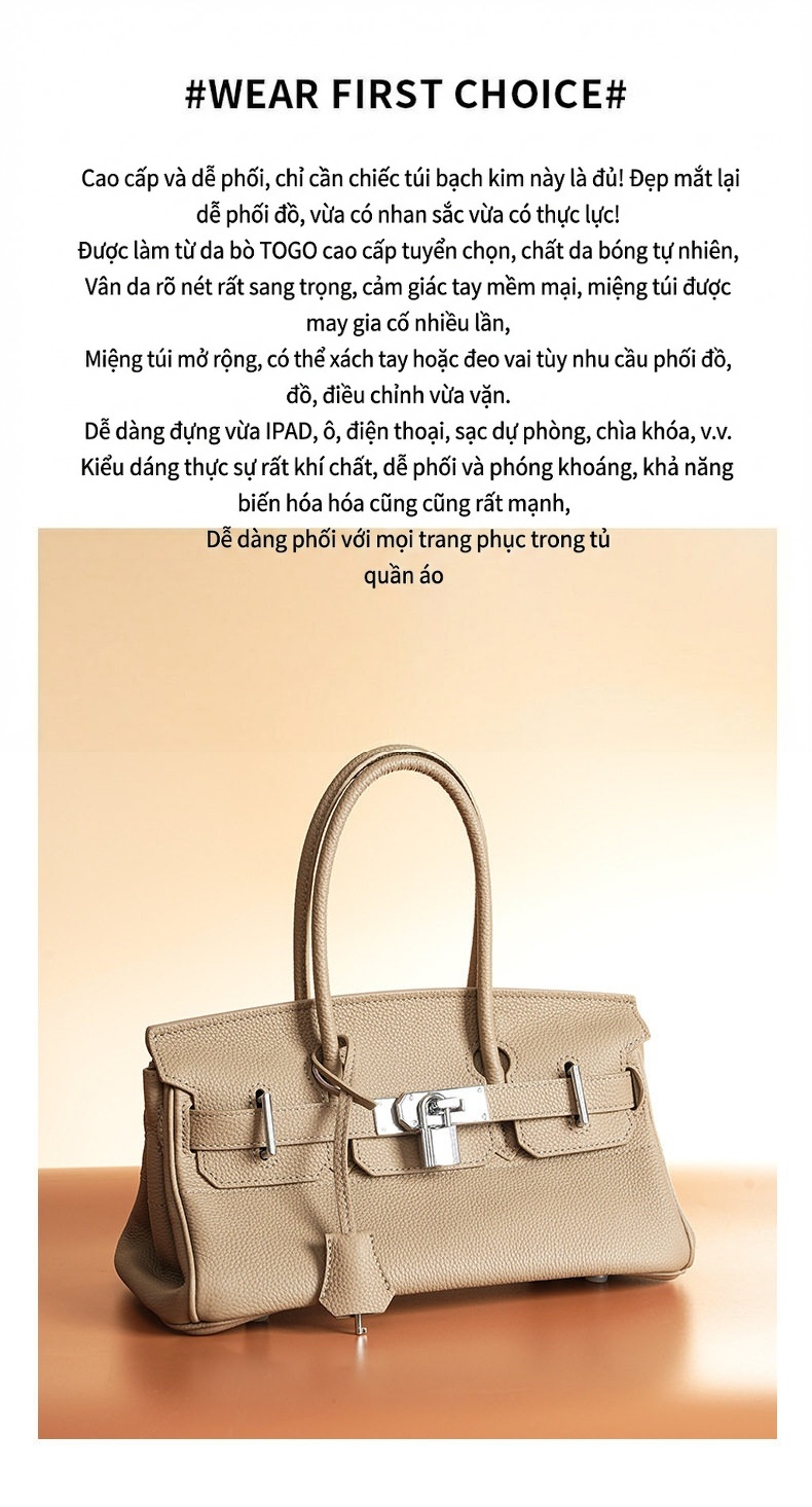 Túi Birkin Nữ Da Bò Dáng Dài Khóa Bạc Cao Cấp Màu Be, Đen, Xanh Dương... chi tiết 5