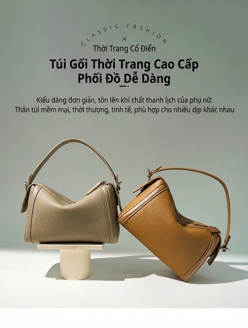Túi Boston Nữ Da Bò Thật Đeo Vai Đeo Chéo Đa Năng Màu Nâu chi tiết 3