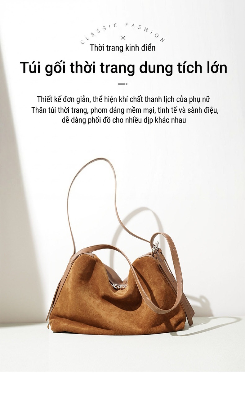 Túi Boston Nữ Da Mờ Tote Đeo Vai Cỡ Lớn Phong Cách Cổ Điển Màu Nâu, Nâu Đậm chi tiết 2