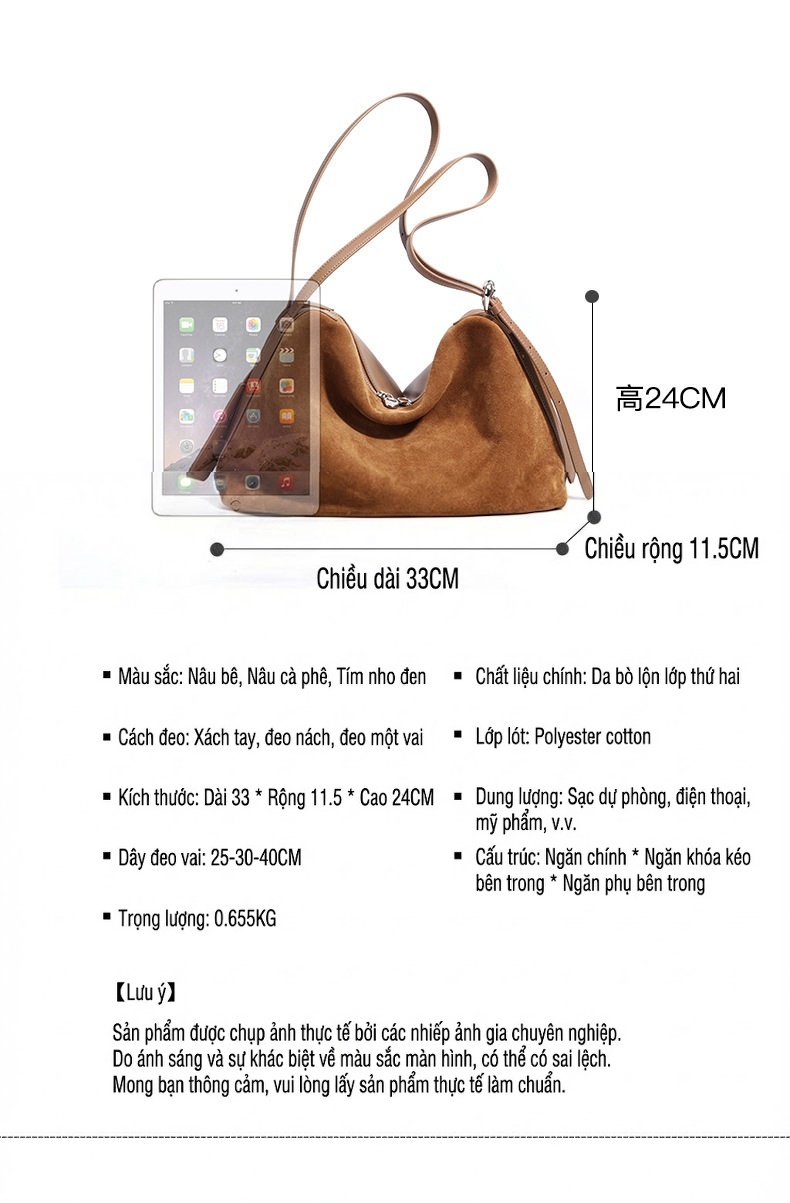 Túi Boston Nữ Da Mờ Tote Đeo Vai Cỡ Lớn Phong Cách Cổ Điển Màu Nâu, Nâu Đậm chi tiết 9