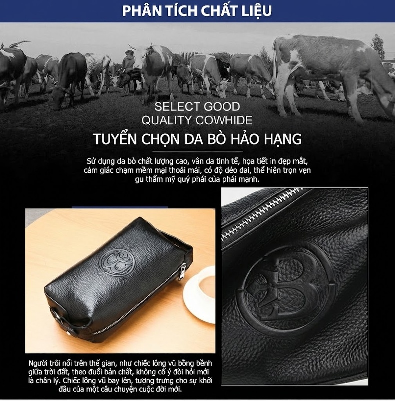 Túi Cầm Tay Nam Da Bò Lớn Thời Trang Màu Đen chi tiết 9